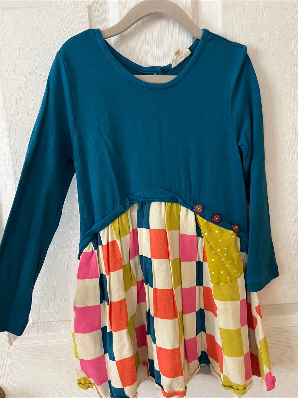 Kids Long-Sleeve Teal & Multi-Color Patchwork Dress